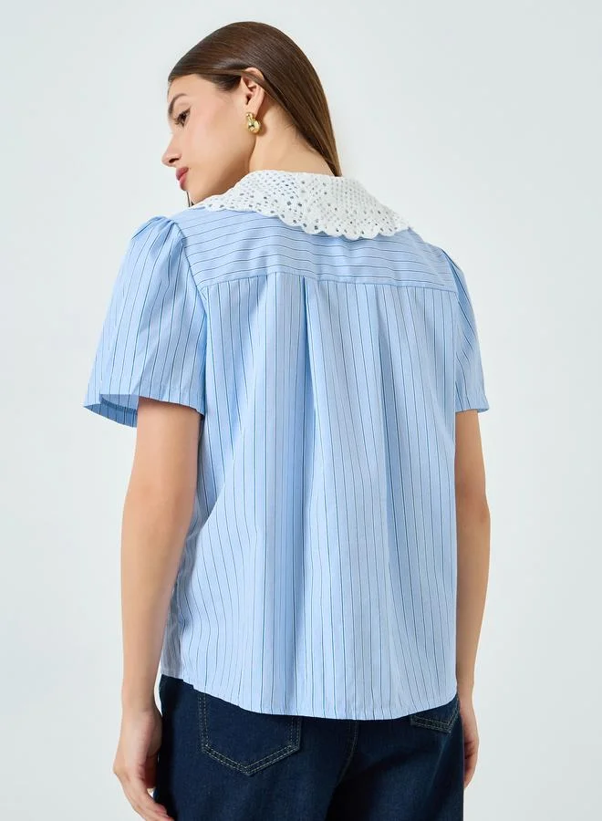Styli Blue Striped Short Sleeve Shirt with Lace Collar